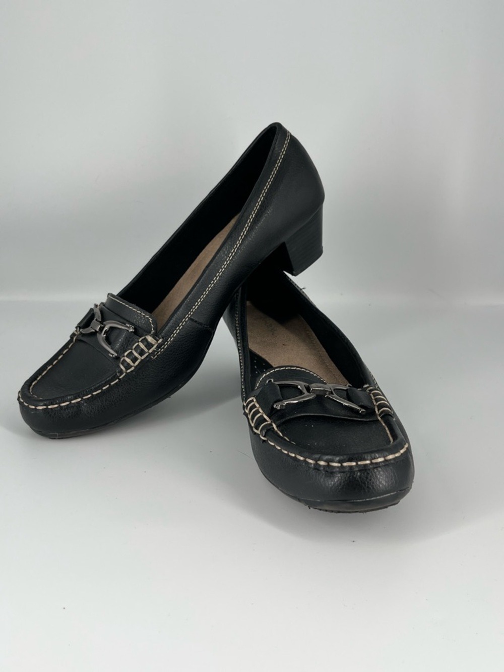 Thom McAn Black Leather Heels with Silver-Tone Bit